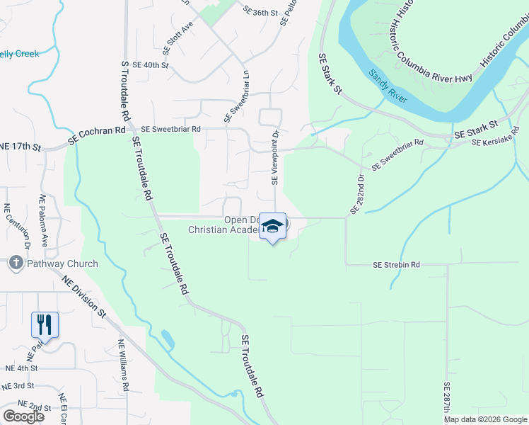 map of restaurants, bars, coffee shops, grocery stores, and more near 1027 Southeast Strebin Road in Troutdale
