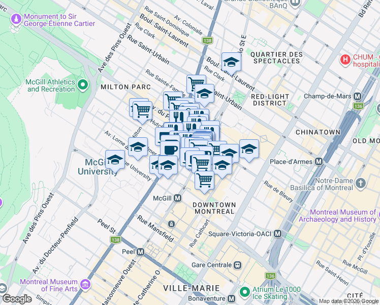 map of restaurants, bars, coffee shops, grocery stores, and more near 439 Avenue du Président-Kennedy in Montréal