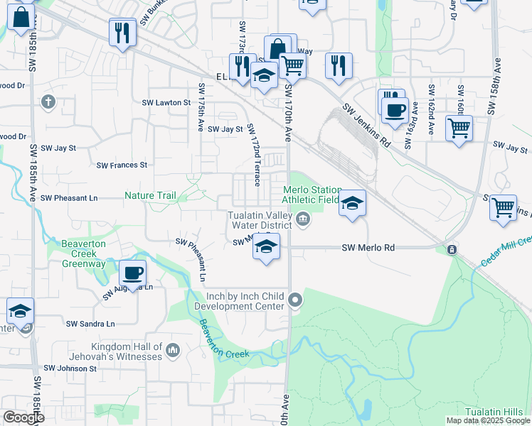map of restaurants, bars, coffee shops, grocery stores, and more near 17096 Southwest Pleasanton Lane in Beaverton