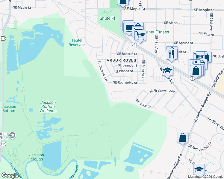 map of restaurants, bars, coffee shops, grocery stores, and more near 995 Southeast Fir Grove Loop in Hillsboro