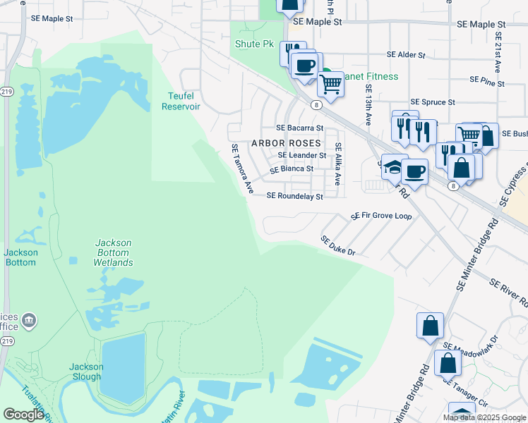 map of restaurants, bars, coffee shops, grocery stores, and more near 989 Southeast Fir Grove Loop in Hillsboro
