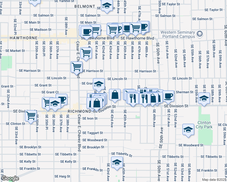 map of restaurants, bars, coffee shops, grocery stores, and more near 2237 Southeast 44th Avenue in Portland
