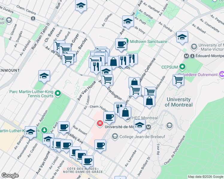 map of restaurants, bars, coffee shops, grocery stores, and more near 5815 Avenue de Darlington in Montrã©Al