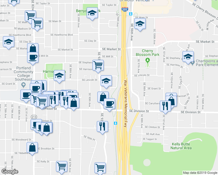 map of restaurants, bars, coffee shops, grocery stores, and more near 9307 Southeast Grant Street in Portland
