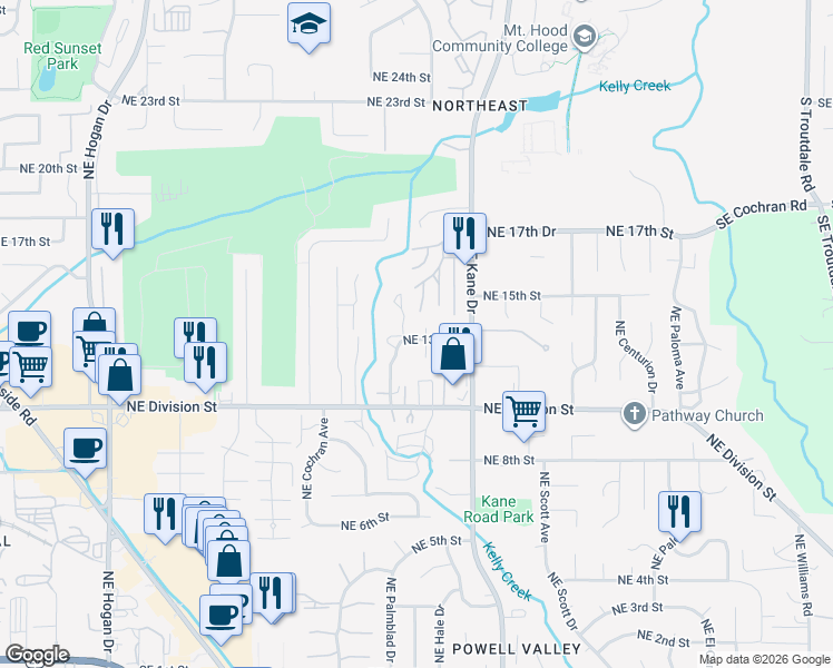 map of restaurants, bars, coffee shops, grocery stores, and more near 1372 Northeast Hale Place in Gresham