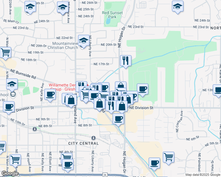 map of restaurants, bars, coffee shops, grocery stores, and more near 1616 Northeast 16th Way in Gresham