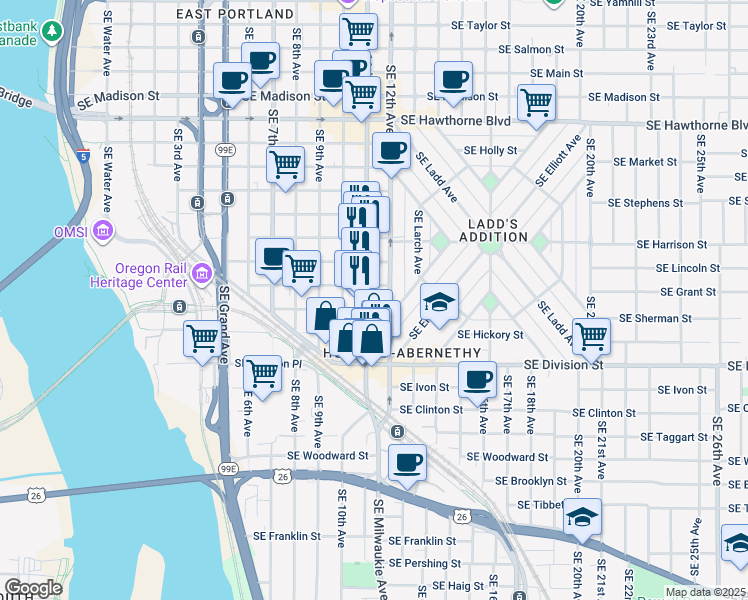 map of restaurants, bars, coffee shops, grocery stores, and more near 2201 Southeast 11th Avenue in Portland