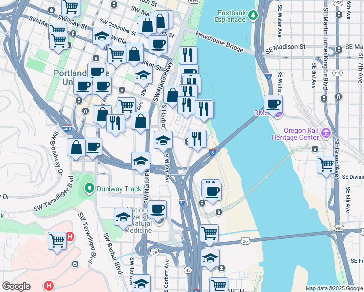map of restaurants, bars, coffee shops, grocery stores, and more near 2095 South River Parkway in Portland