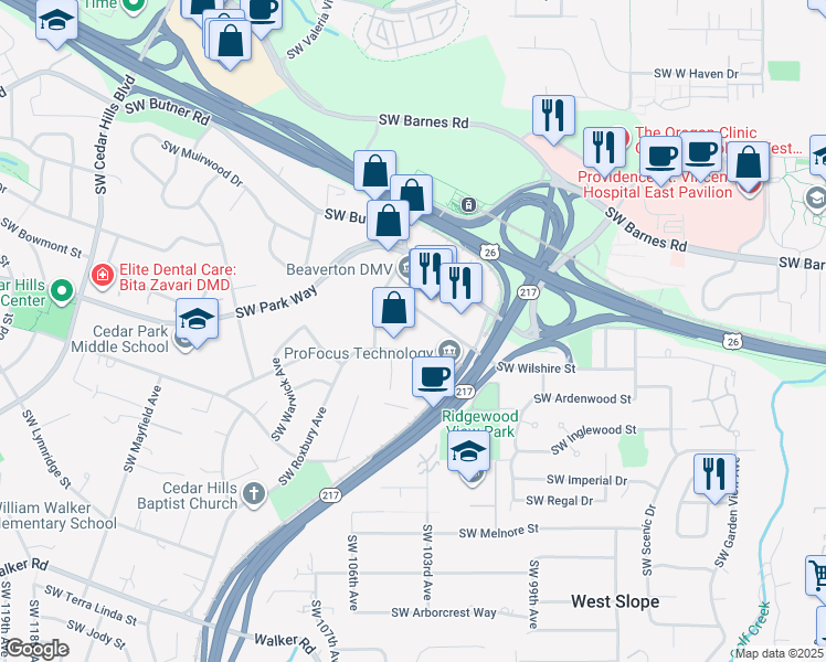 map of restaurants, bars, coffee shops, grocery stores, and more near 10010 SW Wilshire St in Portland
