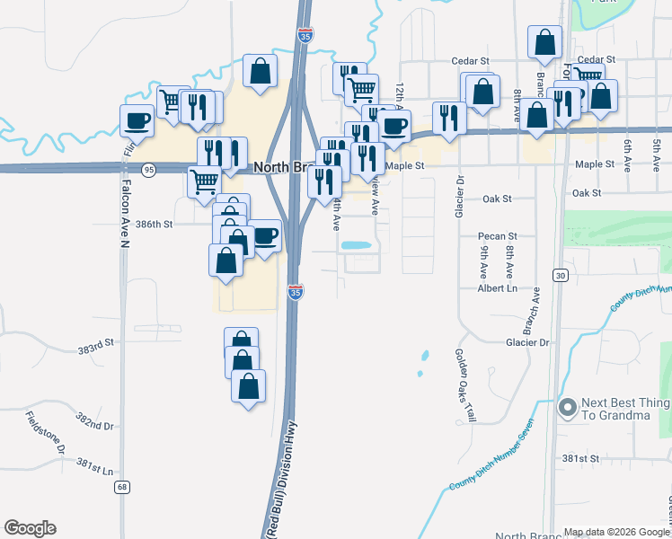map of restaurants, bars, coffee shops, grocery stores, and more near 38485 14th Avenue in North Branch