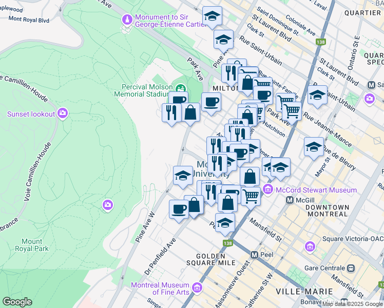 map of restaurants, bars, coffee shops, grocery stores, and more near 740 Doctor Penfield Avenue in Montreal