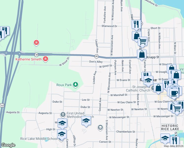 map of restaurants, bars, coffee shops, grocery stores, and more near 801 Jones Circle in Rice Lake