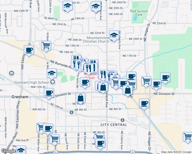 map of restaurants, bars, coffee shops, grocery stores, and more near 752 Northeast Burnside Road in Gresham