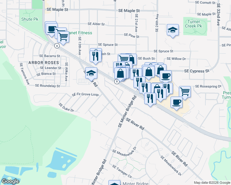 map of restaurants, bars, coffee shops, grocery stores, and more near 1901 Southeast Minter Bridge Road in Hillsboro