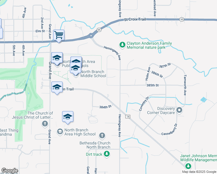 map of restaurants, bars, coffee shops, grocery stores, and more near 5385 385th Street in North Branch