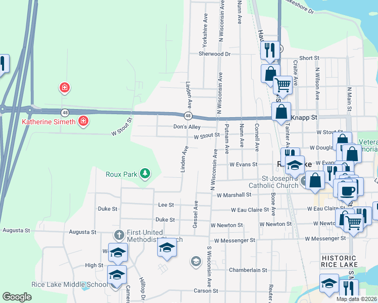 map of restaurants, bars, coffee shops, grocery stores, and more near 801 Jones Circle in Rice Lake