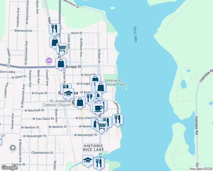 map of restaurants, bars, coffee shops, grocery stores, and more near 16 East Douglas Street in Rice Lake