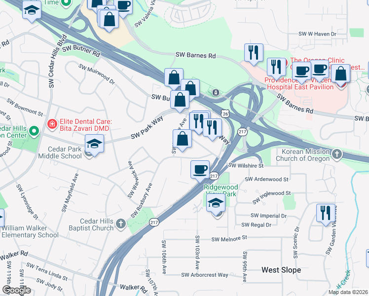map of restaurants, bars, coffee shops, grocery stores, and more near 1800 Southwest Marlow Avenue in Portland