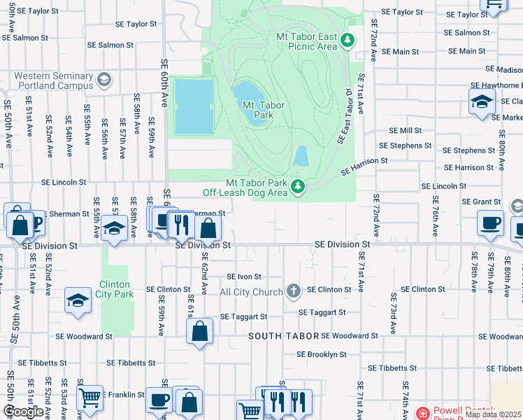 map of restaurants, bars, coffee shops, grocery stores, and more near 2219-2231 Southeast 66th Avenue in Portland