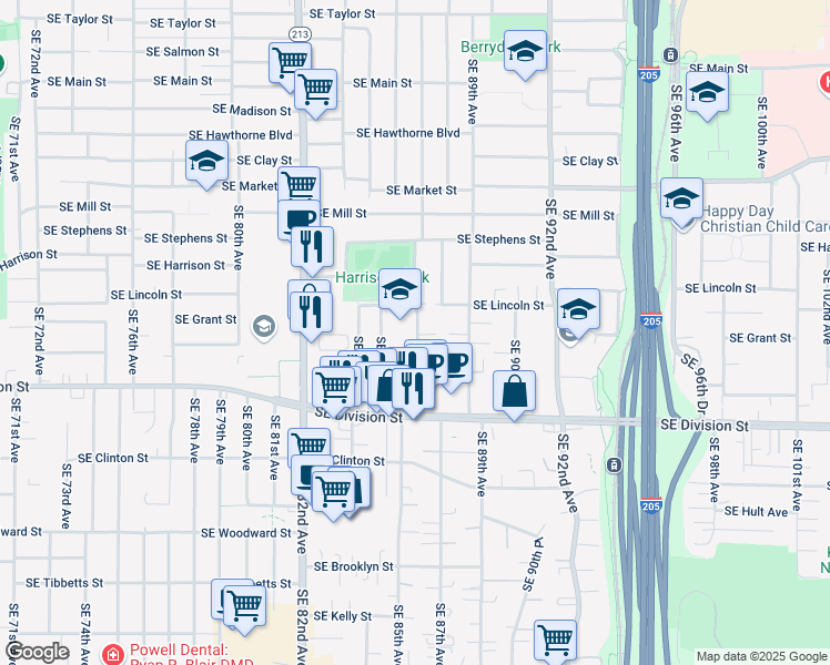 map of restaurants, bars, coffee shops, grocery stores, and more near 2225 Southeast 87th Avenue in Portland