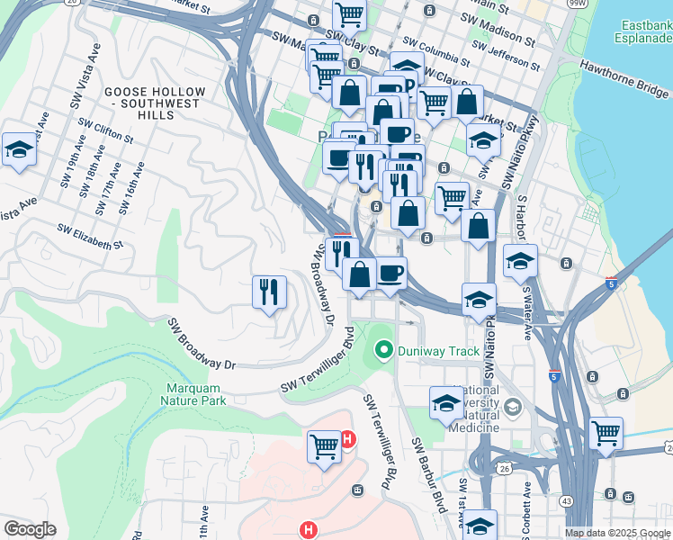 map of restaurants, bars, coffee shops, grocery stores, and more near 623 Southwest Sherman Street in Portland