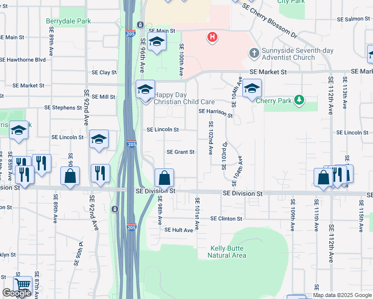 map of restaurants, bars, coffee shops, grocery stores, and more near 10001 Southeast Grant Street in Portland