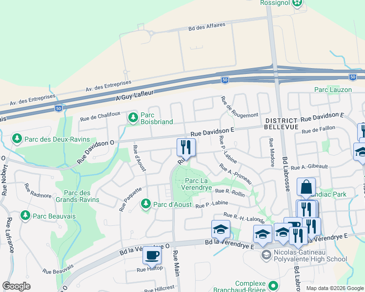 map of restaurants, bars, coffee shops, grocery stores, and more near 811 Rue Main in Gatineau