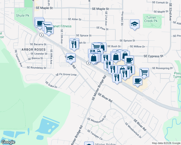 map of restaurants, bars, coffee shops, grocery stores, and more near 1901 Southeast Minter Bridge Road in Hillsboro