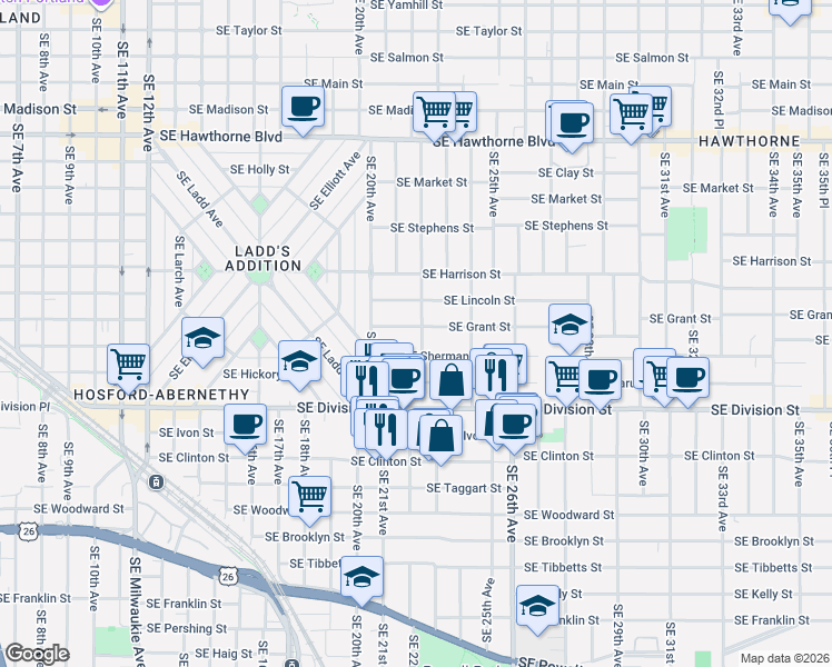 map of restaurants, bars, coffee shops, grocery stores, and more near 2136 Southeast Grant Street in Portland