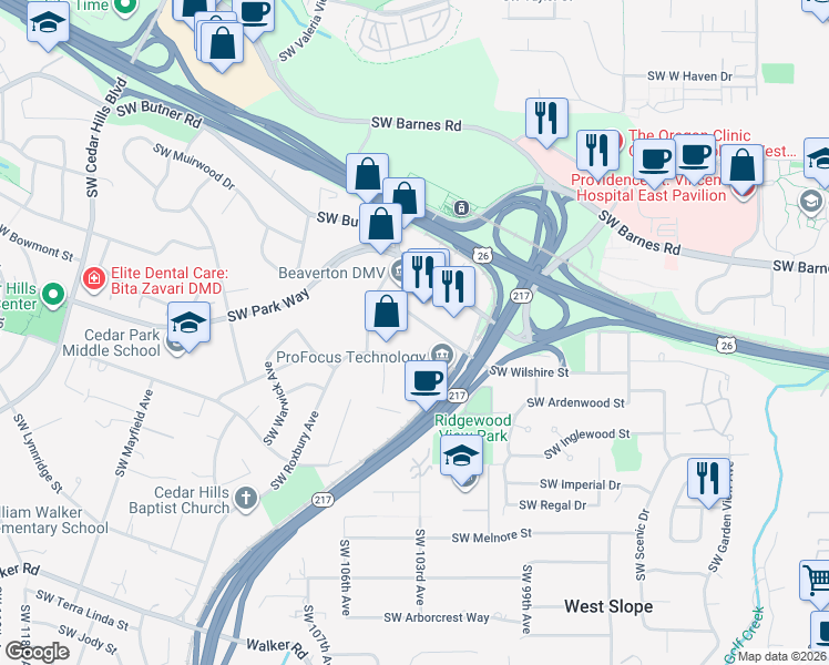 map of restaurants, bars, coffee shops, grocery stores, and more near 10010 SW Wilshire St in Portland