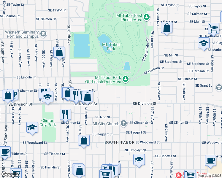 map of restaurants, bars, coffee shops, grocery stores, and more near 2219-2231 Southeast 66th Avenue in Portland