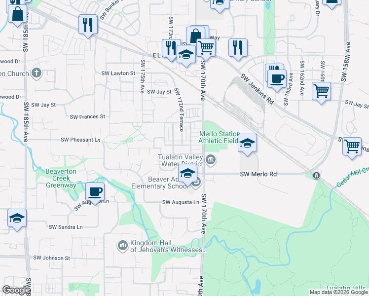 map of restaurants, bars, coffee shops, grocery stores, and more near 17184 Southwest Pleasanton Lane in Beaverton