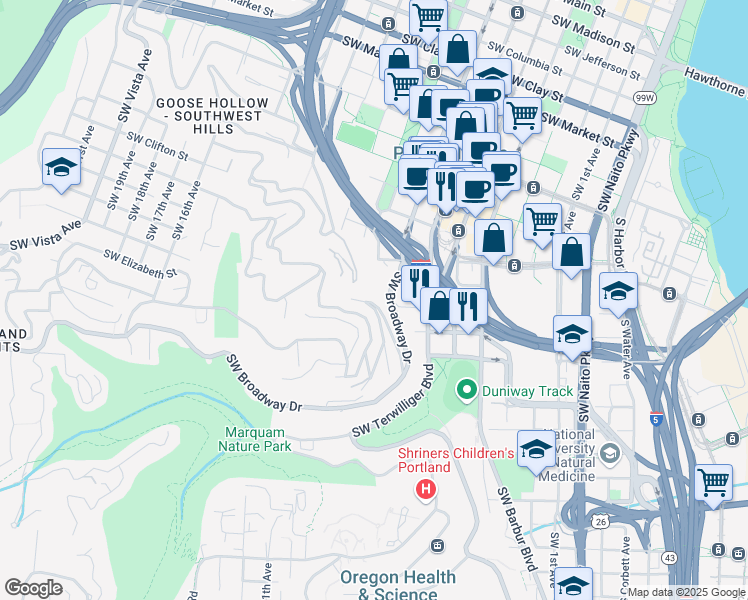map of restaurants, bars, coffee shops, grocery stores, and more near 2216 Southwest Elevator Saint Walk in Portland