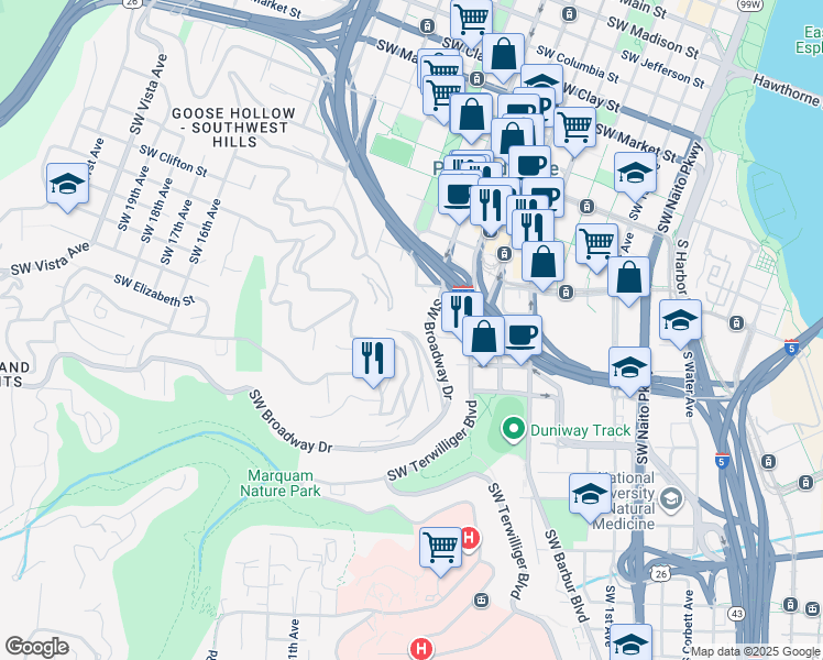 map of restaurants, bars, coffee shops, grocery stores, and more near 2216 Southwest Elevator Saint Walk in Portland