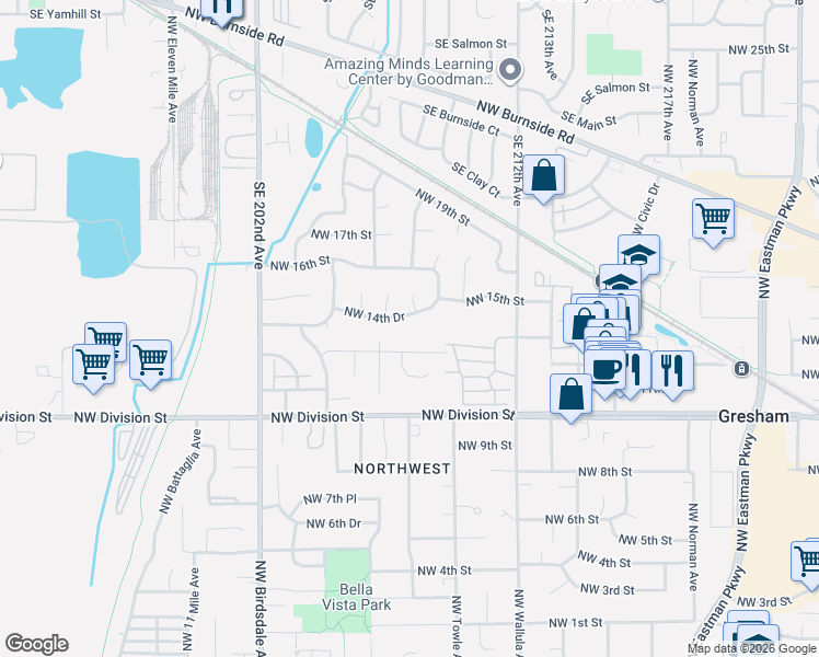 map of restaurants, bars, coffee shops, grocery stores, and more near 1668 Northwest 14th Drive in Gresham