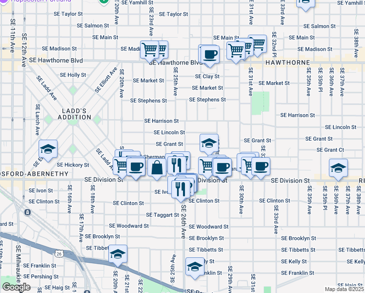 map of restaurants, bars, coffee shops, grocery stores, and more near 2203 Southeast 26th Avenue in Portland