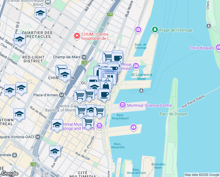 map of restaurants, bars, coffee shops, grocery stores, and more near in Montreal