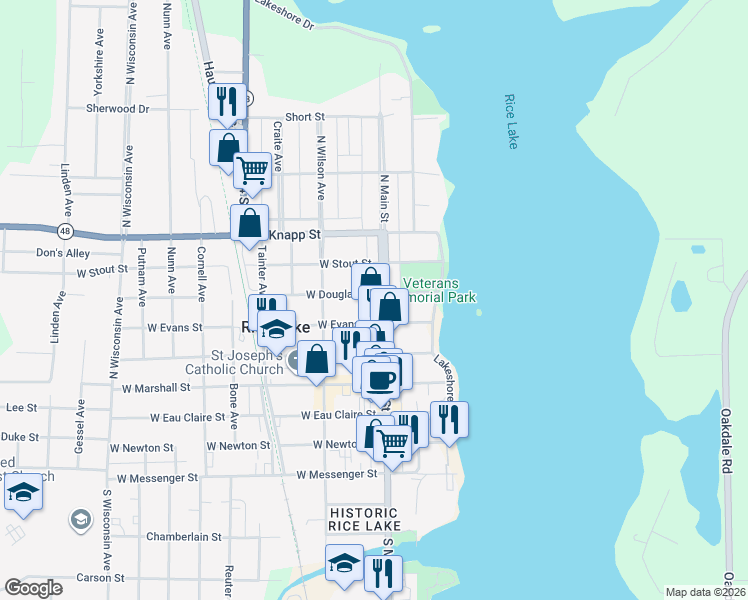 map of restaurants, bars, coffee shops, grocery stores, and more near 538 N Main St in Rice Lake