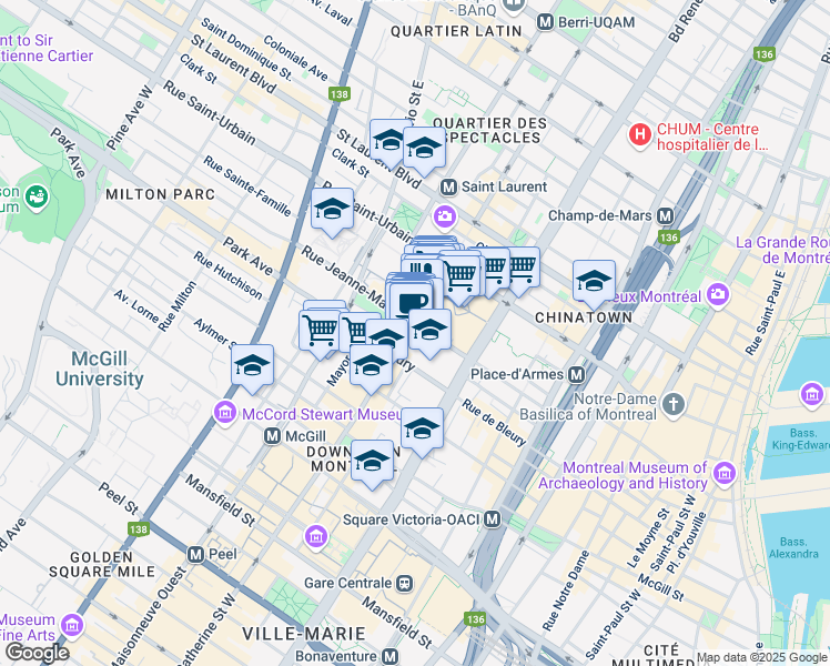 map of restaurants, bars, coffee shops, grocery stores, and more near in Montreal