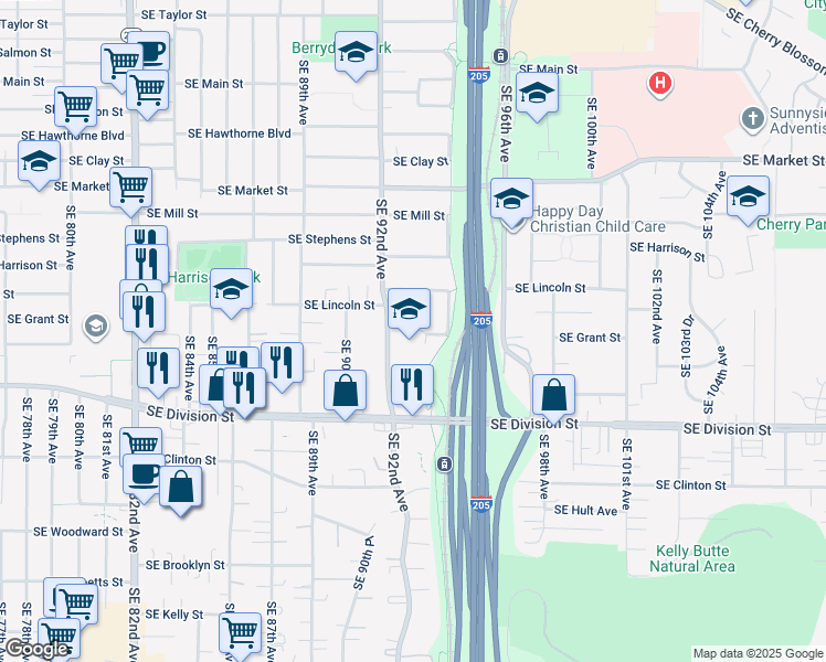 map of restaurants, bars, coffee shops, grocery stores, and more near 2140 Southeast 92nd Avenue in Portland