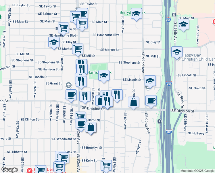 map of restaurants, bars, coffee shops, grocery stores, and more near 2208 Southeast 87th Avenue in Portland