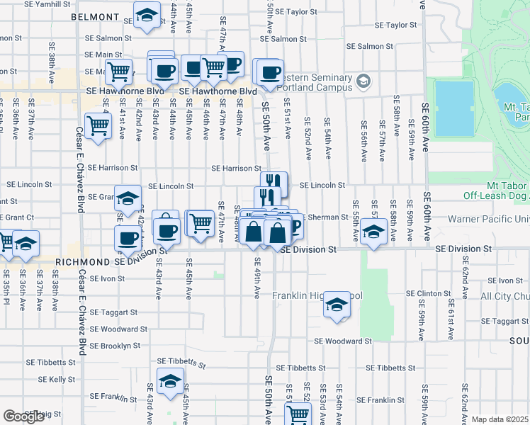 map of restaurants, bars, coffee shops, grocery stores, and more near 4917 Southeast Sherman Street in Portland