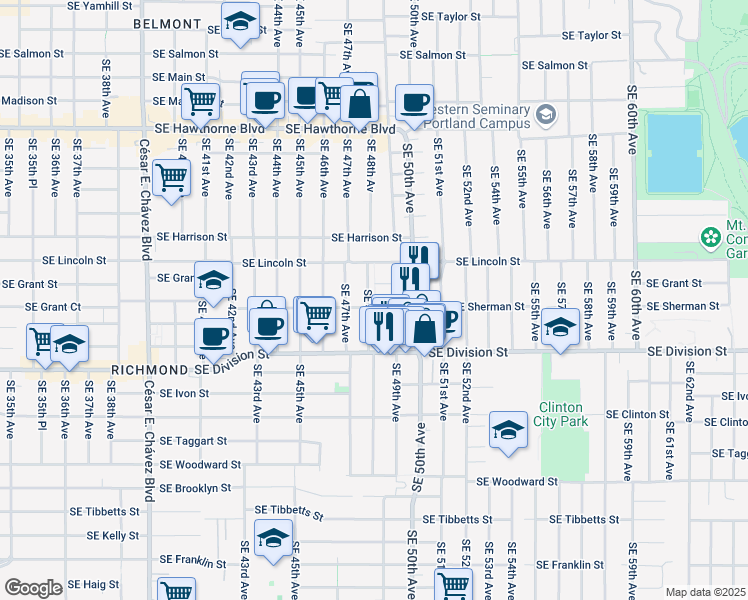 map of restaurants, bars, coffee shops, grocery stores, and more near 2222 Southeast 48th Avenue in Portland