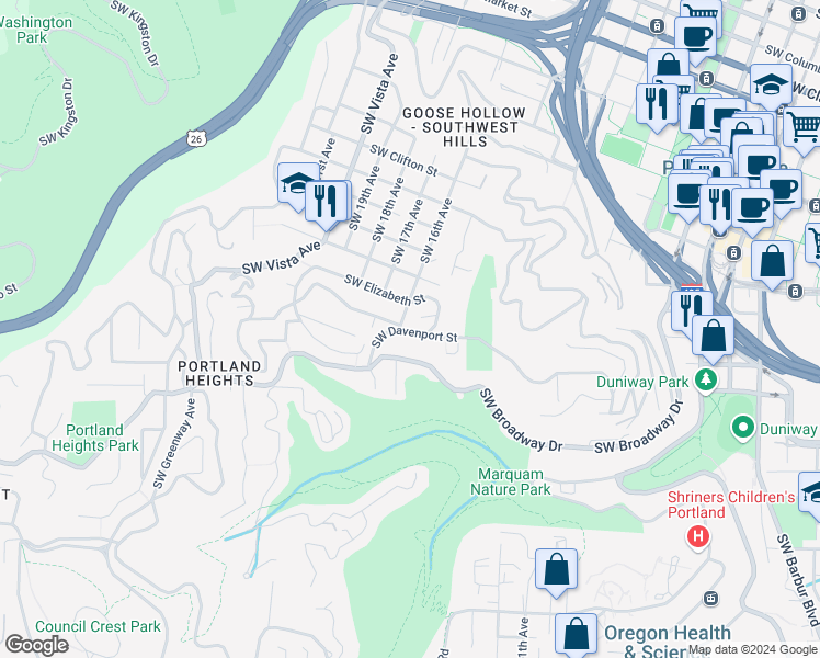 map of restaurants, bars, coffee shops, grocery stores, and more near 1540 Southwest Elizabeth Court in Portland
