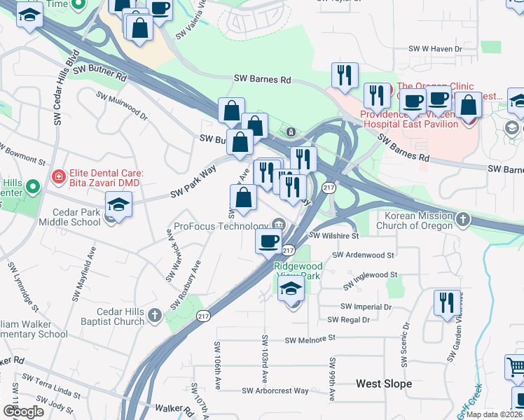 map of restaurants, bars, coffee shops, grocery stores, and more near 10010 SW Wilshire St in Portland