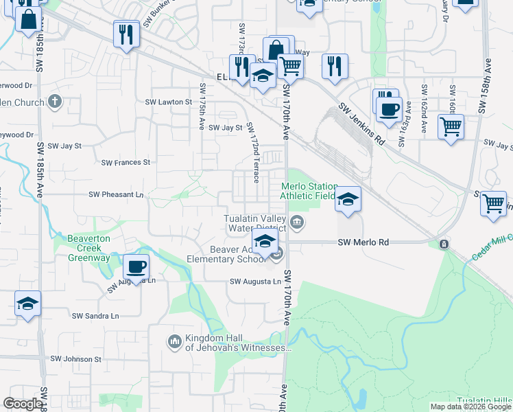 map of restaurants, bars, coffee shops, grocery stores, and more near 17246 Southwest Pleasanton Lane in Beaverton