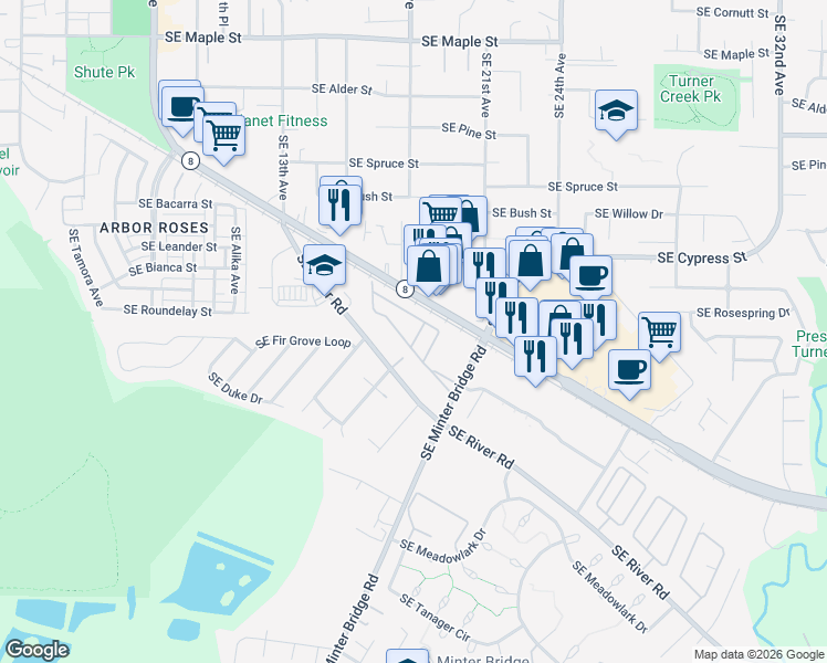 map of restaurants, bars, coffee shops, grocery stores, and more near 1901 Southeast Minter Bridge Road in Hillsboro