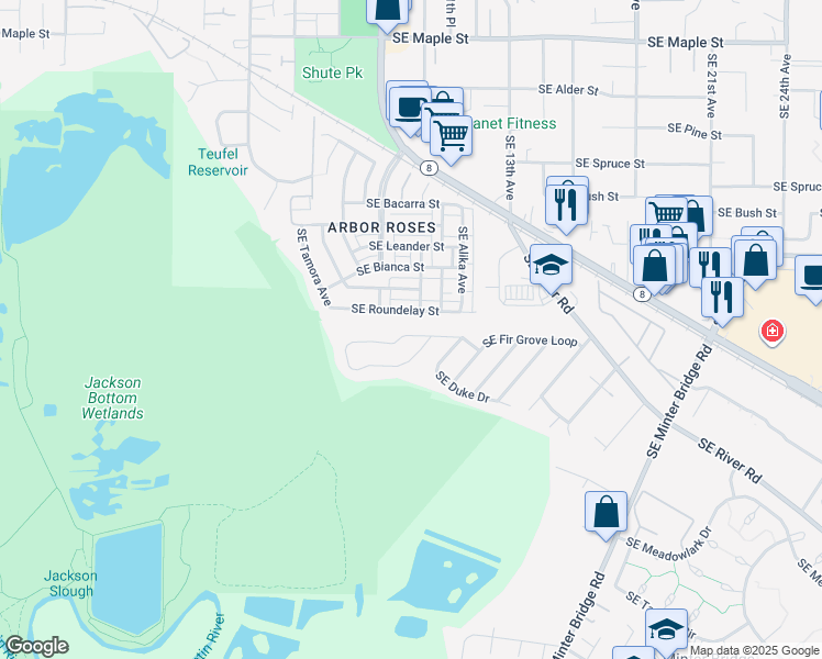 map of restaurants, bars, coffee shops, grocery stores, and more near 1179 Southeast Fir Grove Loop in Hillsboro