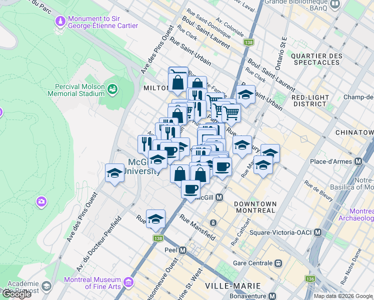 map of restaurants, bars, coffee shops, grocery stores, and more near 3454 Rue Aylmer in Montréal