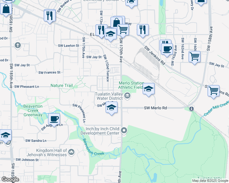 map of restaurants, bars, coffee shops, grocery stores, and more near 17096 Southwest Pleasanton Lane in Beaverton